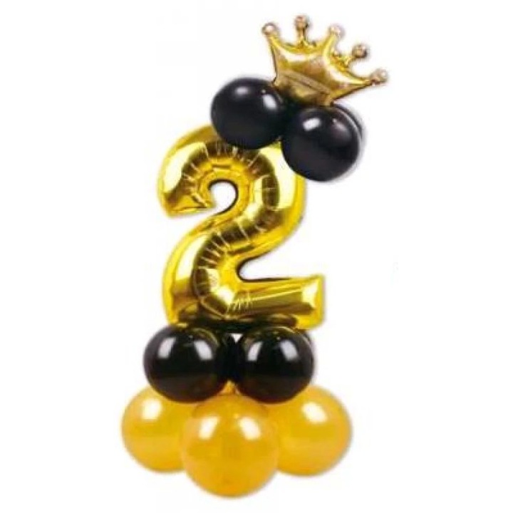 Arany '2' szám lufi szett - 115 cm magas, fekete és arany kontúros lufikkal