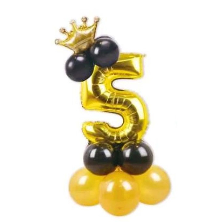 Arany '5' szám lufi szett - 115 cm magas, fekete és arany kontúros lufikkal