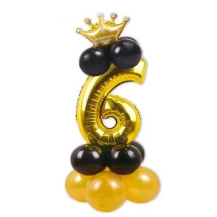 Arany '6' szám lufi szett - 115 cm magas, fekete és arany kontúros lufikkal