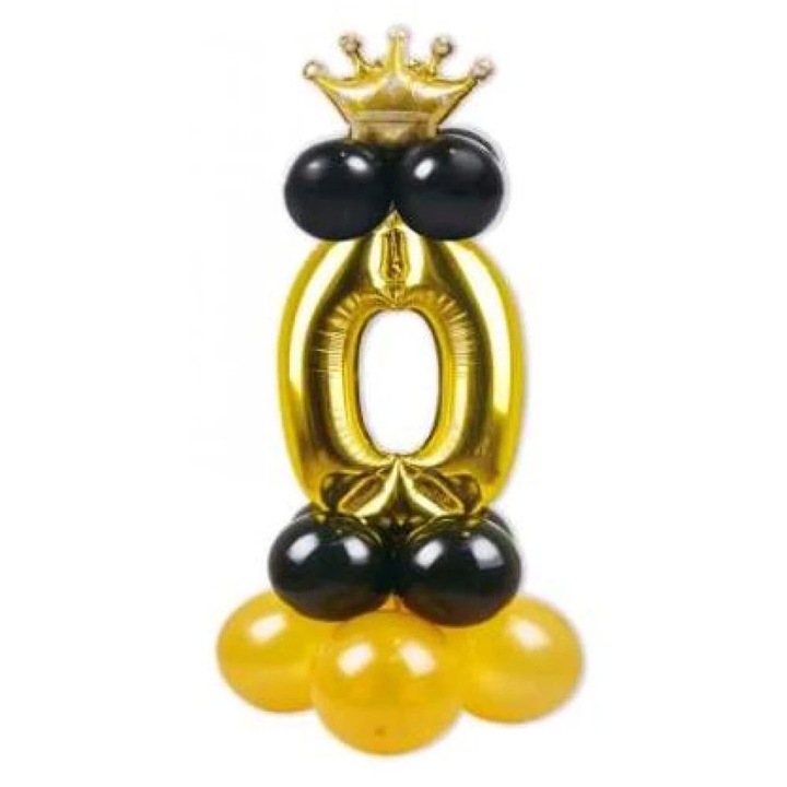 Arany '0' szám lufi szett - 115 cm magas, fekete és arany kontúros lufikkal
