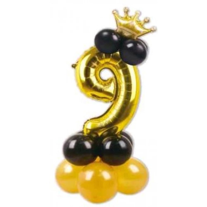 Arany '9' szám lufi szett - 115 cm magas, fekete és arany kontúros lufikkal