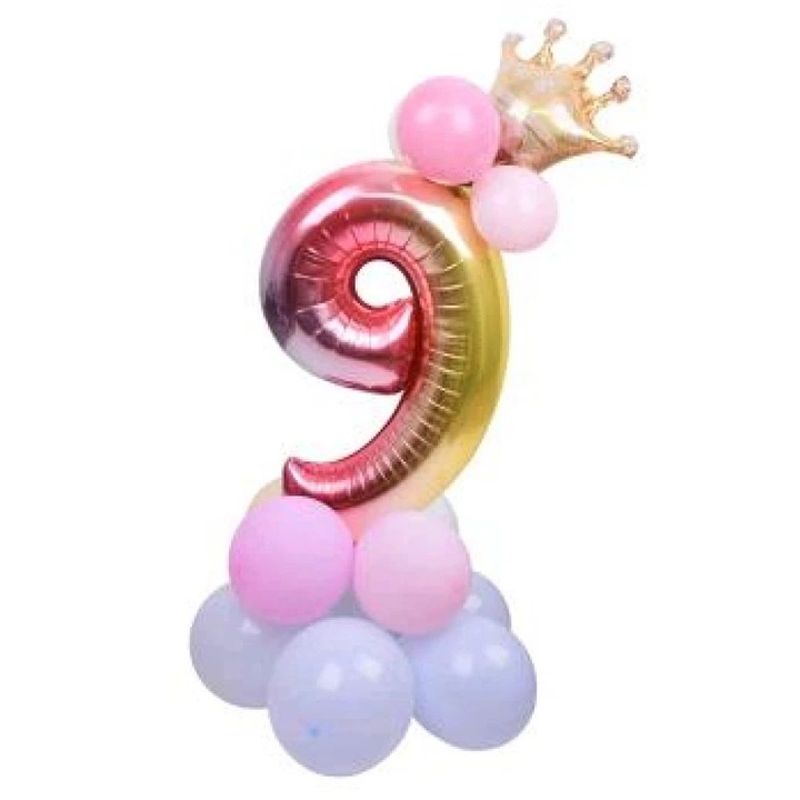 Metál '9' szám lufi szett - 115 cm magas, pink és lila kontúros lufikkal