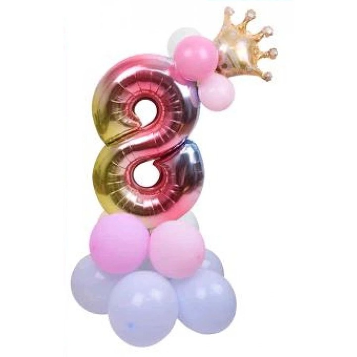 Metál '8' szám lufi szett - 115 cm magas, pink és lila kontúros lufikkal