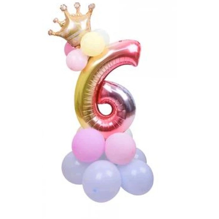 Metál '6' szám lufi szett - 115 cm magas, pink és lila kontúros lufikkal