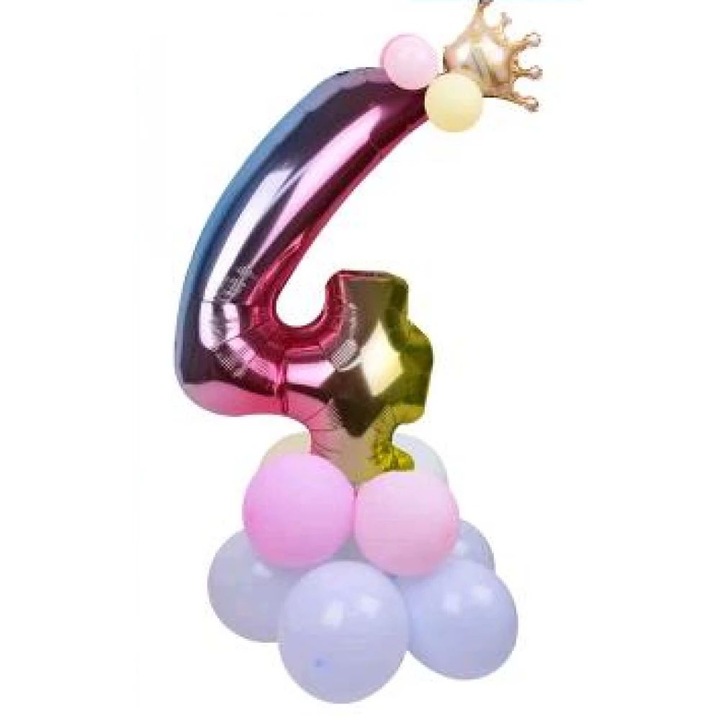 Metál '4' szám lufi szett - 115 cm magas, pink és lila kontúros lufikkal