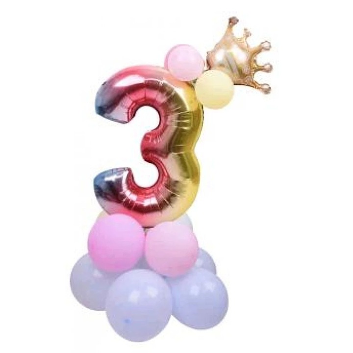 Metál '3' szám lufi szett - 115 cm magas, pink és lila kontúros lufikkal