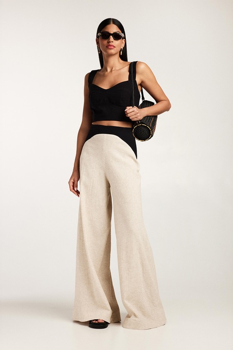 Alina Cernatescu, Set de top crop si pantaloni cu croiala ampla Doha, Negru/Bej