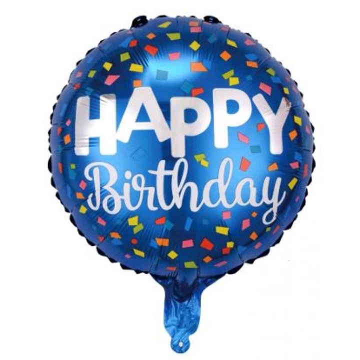 Fólia lufi – kék mintás – "Happy Birthday" felirattal – 45cm