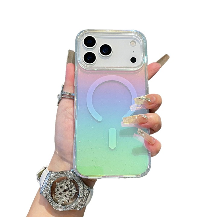 Husa pentru Apple iPhone 17 Pro, Suporta Incarcare Wireless, Magsafe, Rezistenta la Zgarieturi, Sclipici, Transparent/Multicolor