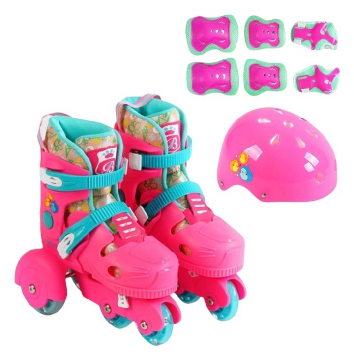 Role copii cu lumini LED si set complet protectie (casca, genunchiere, cotiere, palmare), culoare Roz, masuri reglabile 30-33