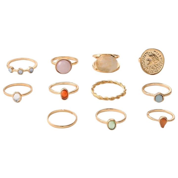 Inele dama, elegante, aurii, cu diverse pietre, set 11 buc