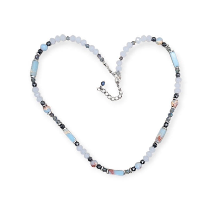 Colier cu jasp Aqua Terra si hematite, handmade, accesorii argintii, cadou elegant, 43 cm