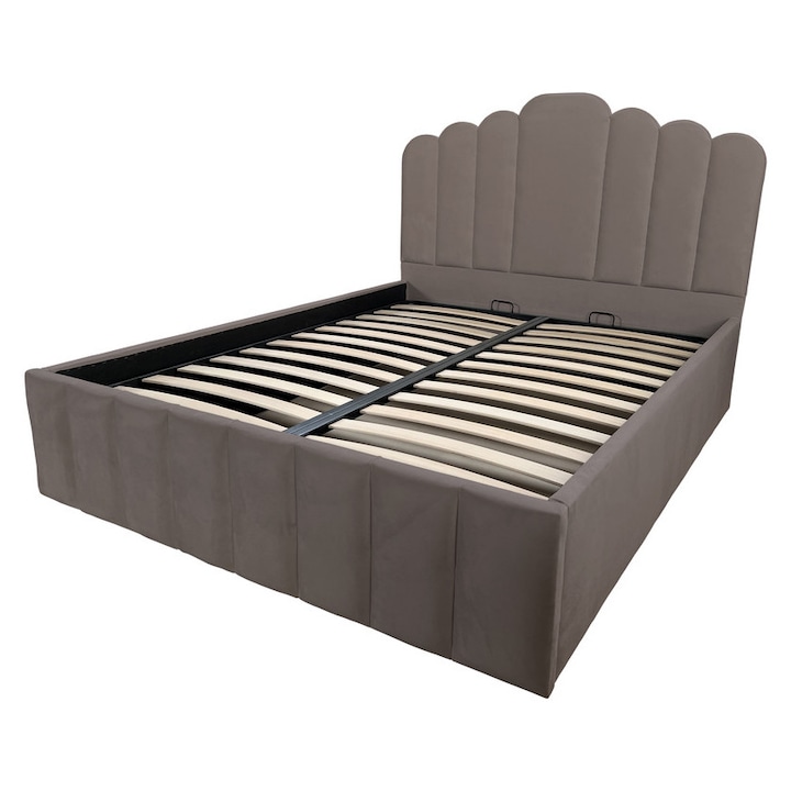 Pat dublu tapitat Flow cu spatiu de depozitare si somiera rabatabila, cappuccino, 140x200