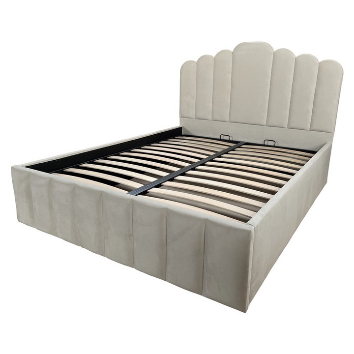 Pat dublu tapitat Flow cu spatiu de depozitare si somiera rabatabila, crem deschis, 140x200