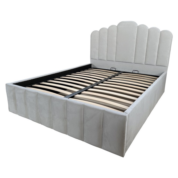 Pat dublu tapitat Flow cu spatiu de depozitare si somiera rabatabila, gri deschis, 160x200