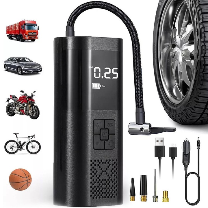 Електрическа помпа за надуване, buyya, 150 PSI, 6000 mAh, с цифров манометър, LED, за кола, мотоциклет, велосипед, топки, комплект аксесоари