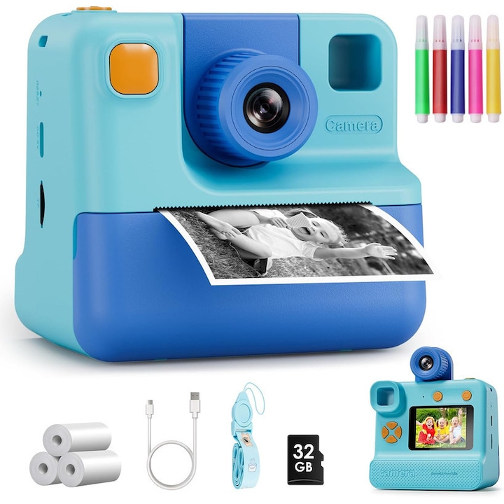 Детска моментална цифрова камера, buyya, 1080p, 3-12 години, синя, комплект с 3 ролки хартия за принтер и 32GB карта