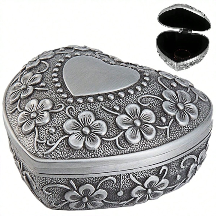 Cutie de bijuterii sculptata in forma de inima retro, pentru depozitarea inelelor si colierelor, metal, 6x6x3cm, argintiu