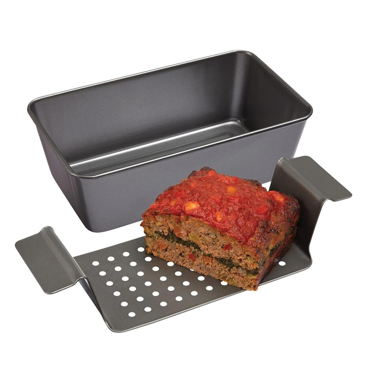 Tava de copt pentru carne tocata, 2 piese, carbon greu, non-aderenta, 9.8 x 5.7 x 3 in, design cu insertie pentru scurgere
