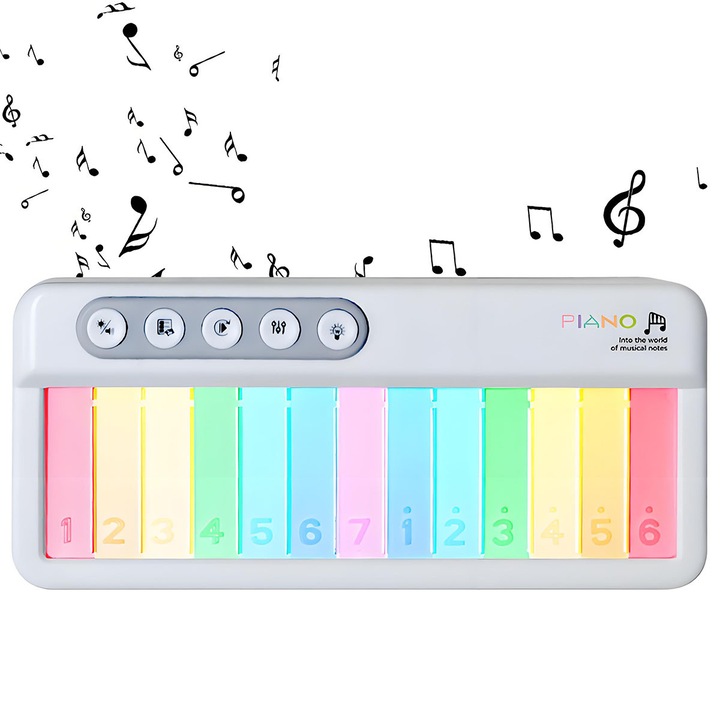 Mini elektronikus zongora érintőképernyővel, 5 funkcióval, szivárvány fényekkel, 17.5x7.5x3cm, fehér, szett gyermekeknek 1-6 éves korig