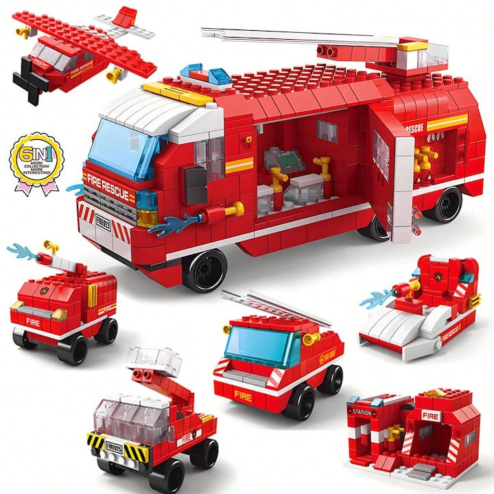 Комплект за изграждане на пожарникари 6 в 1, 1000 части, червен, 22x8x12см