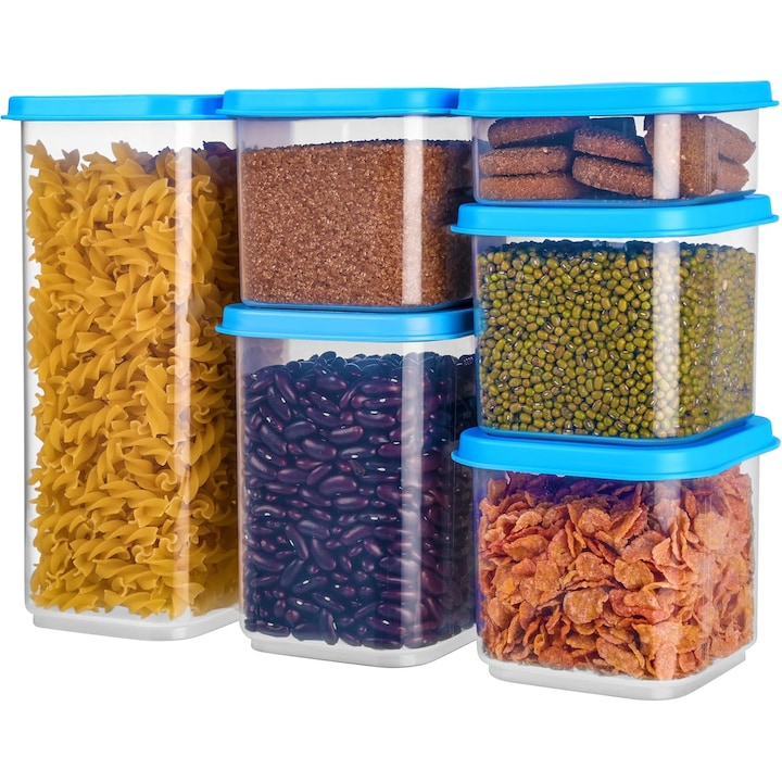 Set 6 recipiente alimentare, Belle Vous, din plastic fara BPA, 300 ml-1800 ml, capace etanse, potrivit pentru congelator/microunde/masina de spalat vase, Transparent