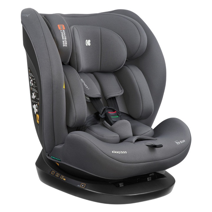Scaun auto copii KikkaBoo i-Explore 2 i-SIZE Grey 40-150 cm, tetiera reglabila in 14 pozitii inaltime, spatar reglabil, perna reductor inclusa, husa detasabila, centuri de siguranta cu pernute pentru umeri
