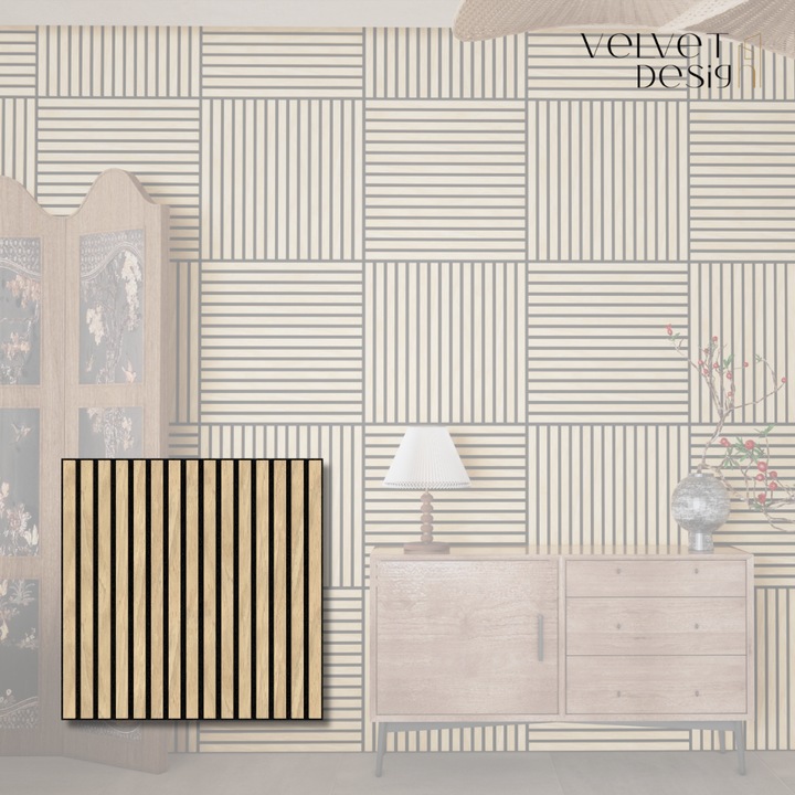 Riflaj decorativ modular Top Line, panou acustic din lamele MDF cu furnir natural si fetru PET, culoare Stejar Royal, 600 x 600 x 18 mm, 0.36 mp suprafata acoperita, atenuare zgomot 80% (NRC 0.8), Velvet Design