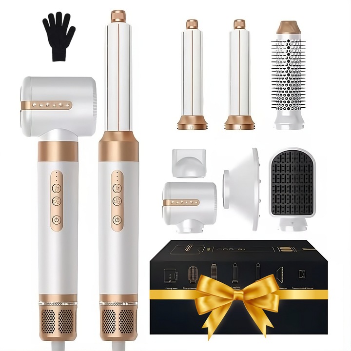 Професионален сешоар 7 в 1 Skylaze®, комплект Air Styler 110000 RPM, цилиндрична четка, автоматична маша, гребен за изправяне, дифузер и накрайник за изглаждане, многофункционален за пълен стайлинг, бял с диаманти