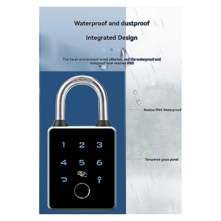 Lacat inteligent TTLOCK, acces prin amprenta, cheie si aplicatie Bluetooth, rezistent la apa, 2 chei, 3 carduri IC