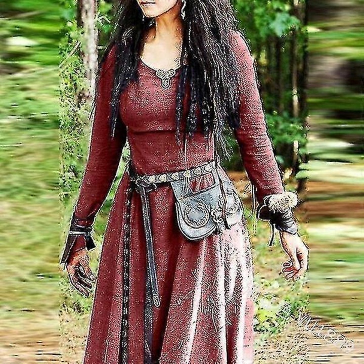 Rochie medievala lunga cu maneci, rosie vin, costum de carnaval pentru femei, L