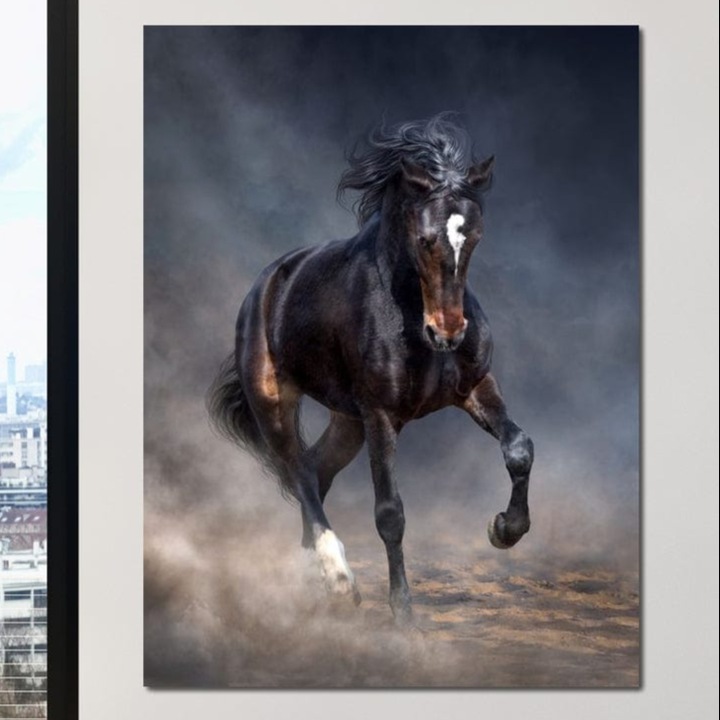 Tablou Canvas Premium, LuxCanva® M1340, Galop in Furtuna, 45 X 60 CM, Panza Bumbac 100% 400g/m2, Sasiu Lemn, Cal, Animal, Salbatic, Galop, Miscare, Vant, Praf, Libertate, Putere, Viteza, Realist, Birou, Living, Camera Copil