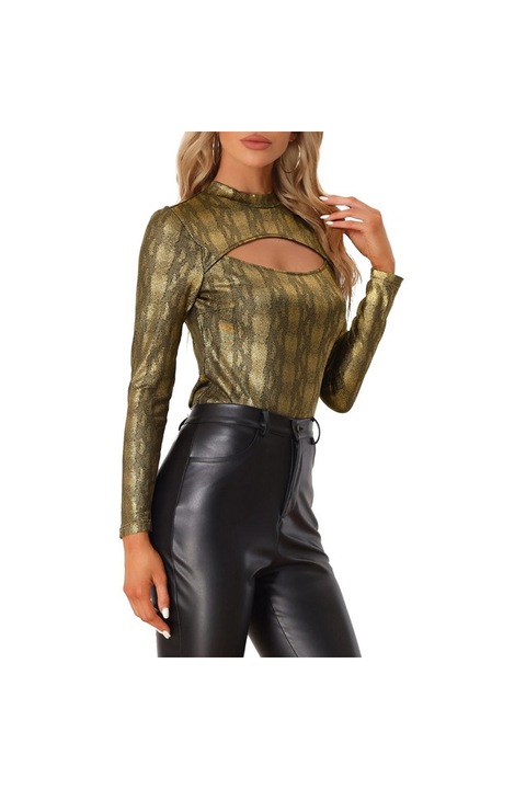 Bluza dama cu sclipici, decupata, maneca lunga, marime L, auriu, Allegra K