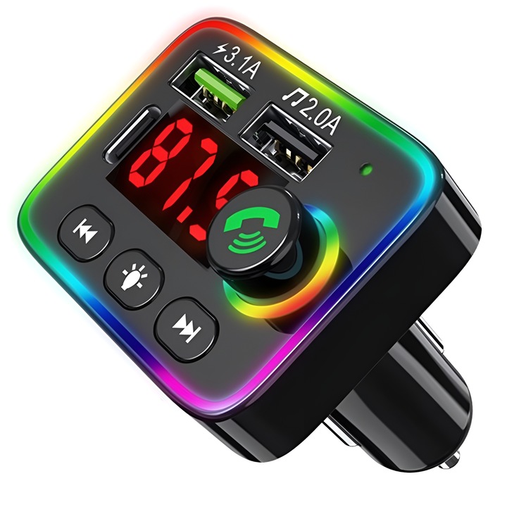 Modulator FM, Modulator auto Bluetooth, Iluminare RGB, Handsfree, Dual USB, USB-C, Redare prin USB/ MicroSD/ Bluetooth, Negru