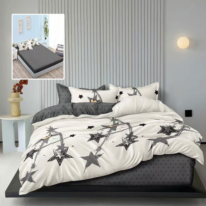 Спално бельо от 6 части с чаршаф за матрак 160x200 или 180x200 см, плик за завивка 200x230 см, 2 калъфки за възглавници 50x70 и 70x70 см, памук, кремав/сив, Sulphur TAYLOR H