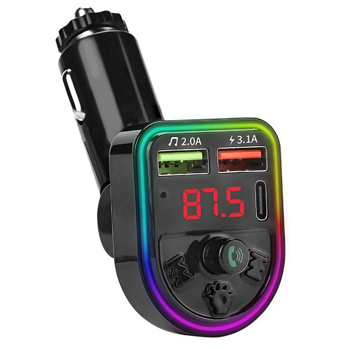 Modulator FM, Modulator auto Bluetooth, Iluminare RGB, Handsfree, Dual USB, Redare prin USB/ MicroSD/ Bluetooth, Negru