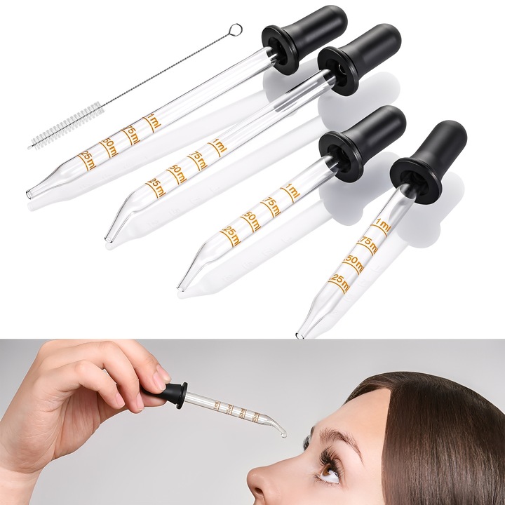 Set de 4 pipete din sticla TREXORA, rezistente la impact, cu marcaje gravate, inclusiv perie de curatare si cutie de stocare, pentru uleiuri esentiale, cosmetice, ingrijire oculara, 1mL