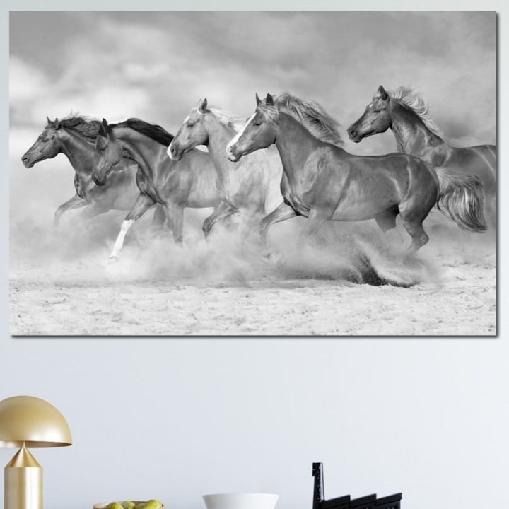 Tablou Canvas Premium, LuxCanva® M1348, Chemarea Instinctului, 100 X 150 CM, Panza Bumbac 100% 400g/m2, Sasiu Lemn, Alb si Negru, Libertate, Cai, Galop, Viteza, Praf, Grup, Miscare, Animal, Salbaticie, Birou, Living, Camera Copil