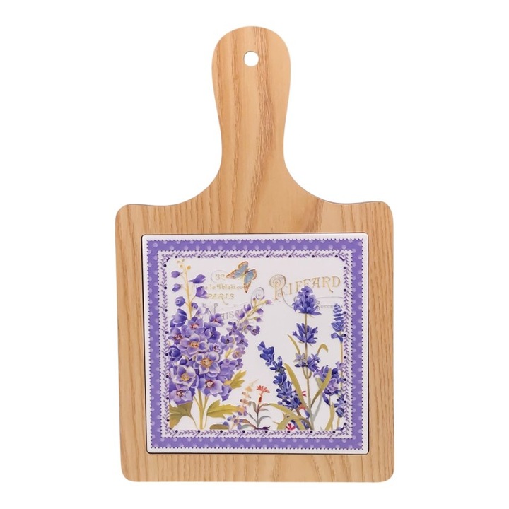 Suport din ceramica pentru oala fierbintre, cu chenar din lemn, cu lavanda.18x30 cm