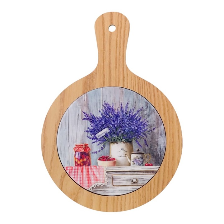 Suport din ceramica pentru oala fierbintre, cu chenar din lemn, cu lavanda.20x28 cm