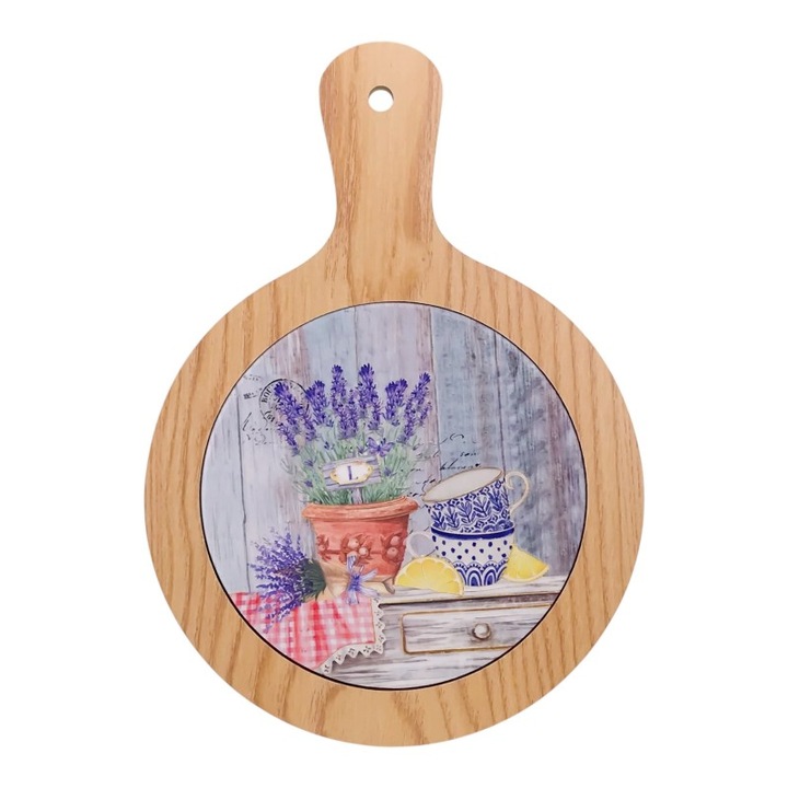 Suport din ceramica pentru oala fierbintre, cu chenar din lemn, cu lavanda.20x28 cm