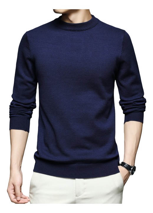 Pulover barbatesc, Dierouya, guler inalt, maneca lunga, albastru, M, viscoza