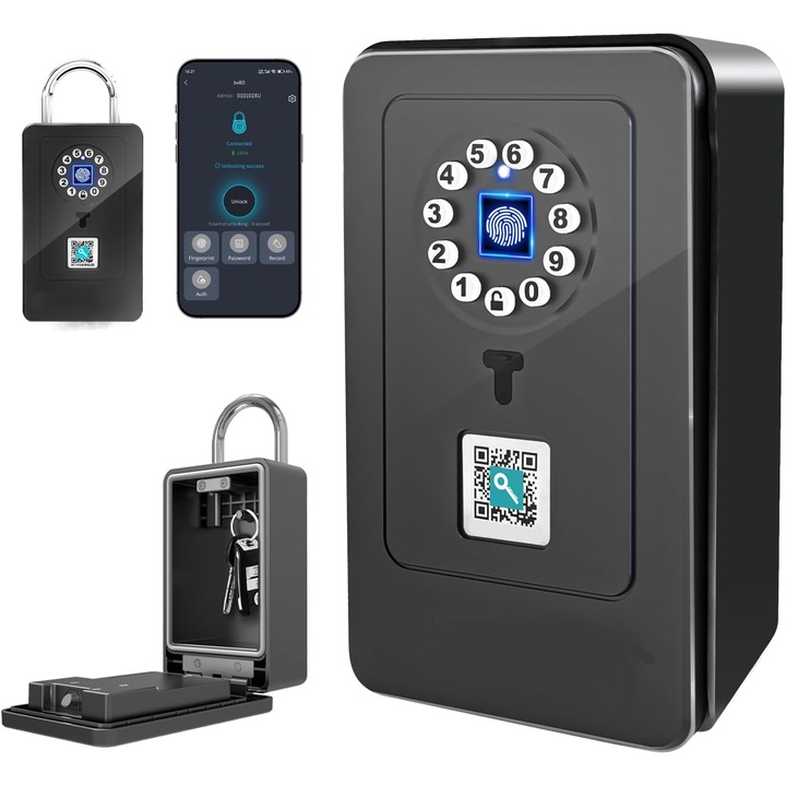 Интелигентна кутия за ключове, WALALLA, с управление чрез приложение/парола/Bluetooth/пръстов отпечатък/временна парола/код за сканиране, водоустойчива, за стенен монтаж, двойна сигурност, подходяща за ключове за дома, офис, гараж, черна