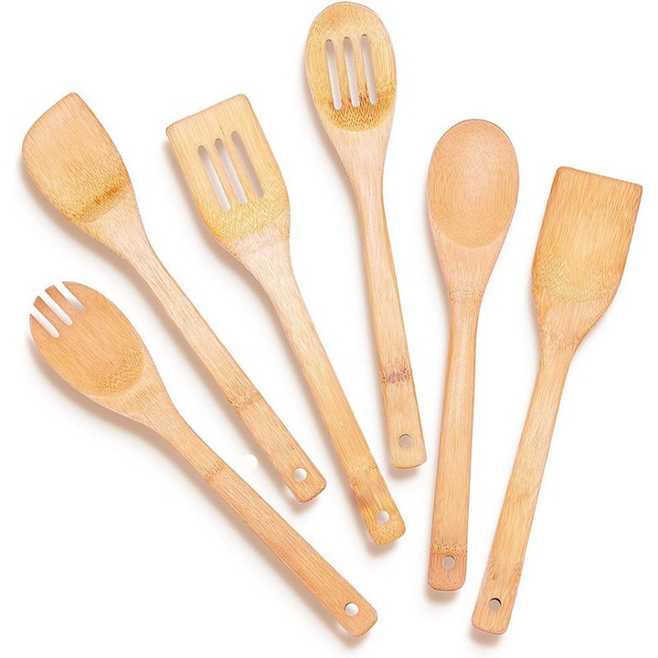 Set de ustensile de bucatarie din bambus, ALLFYL, 6 piese, spatule si linguri, rezistente la umezeala, usor de curatat