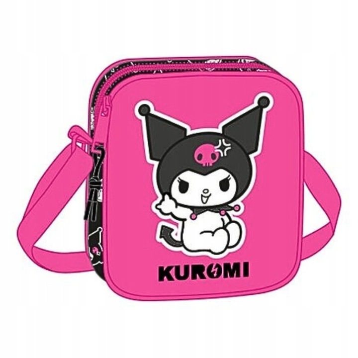 Kézitáska, Safta, Kuromi, fekete/rózsaszín, 4x16x18cm, állítható vállpánttal