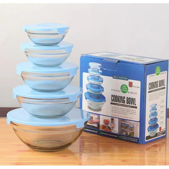 Комплект от 5 стъклени купички с пластмасов капак, син