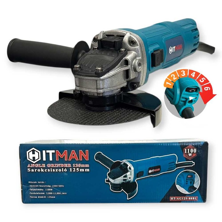 Polizor unghiular, Hitman HT-AG125-88BL 125mm, 1100W, cu regulator de viteză