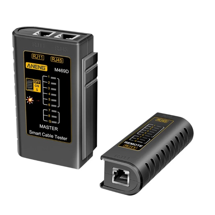 Tester de cabluri retea, ANENG, M469D, RJ45/RJ11/RJ12, pentru cabluri UTP CAT5/CAT6, cu unitate detasabila