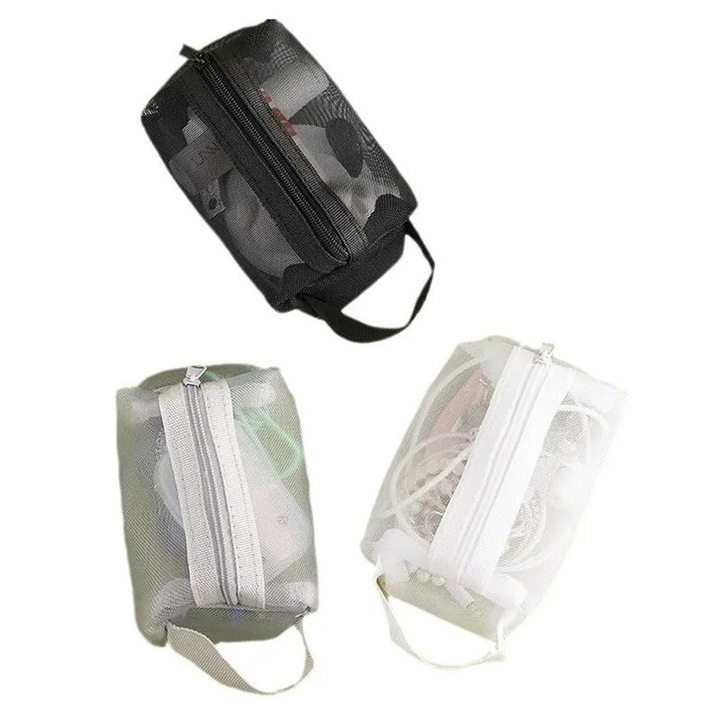 Set 3 pungi mini cu fermoar TRADERPLUS, plasa, nylon, transparent