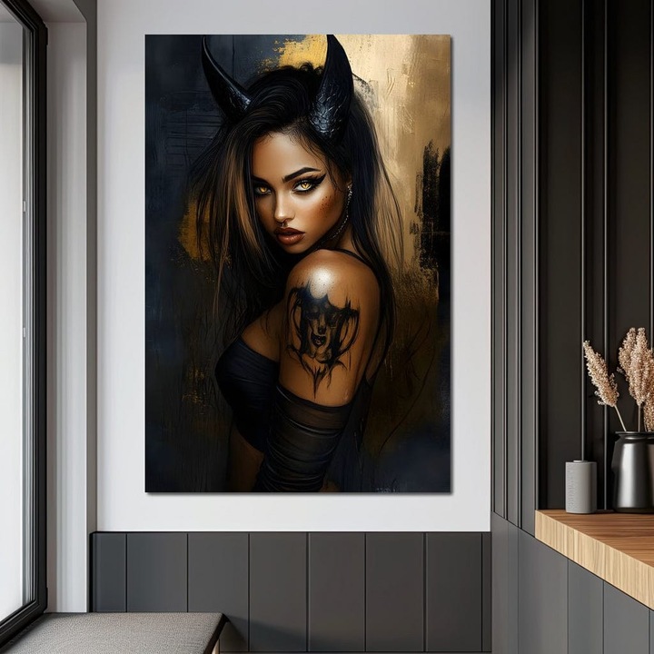 Премиум картина върху платно, LuxCanva® G1192, Тъмен ангел, 80 X 120 см, 100% памучно платно 400 г/м2, рамка, дърво, портрет, мрак, фентъзи, рога, татуировка, злато, черно, бунтар, неопитомен, светлини, сенки, опасност, офис, хол, спалня
